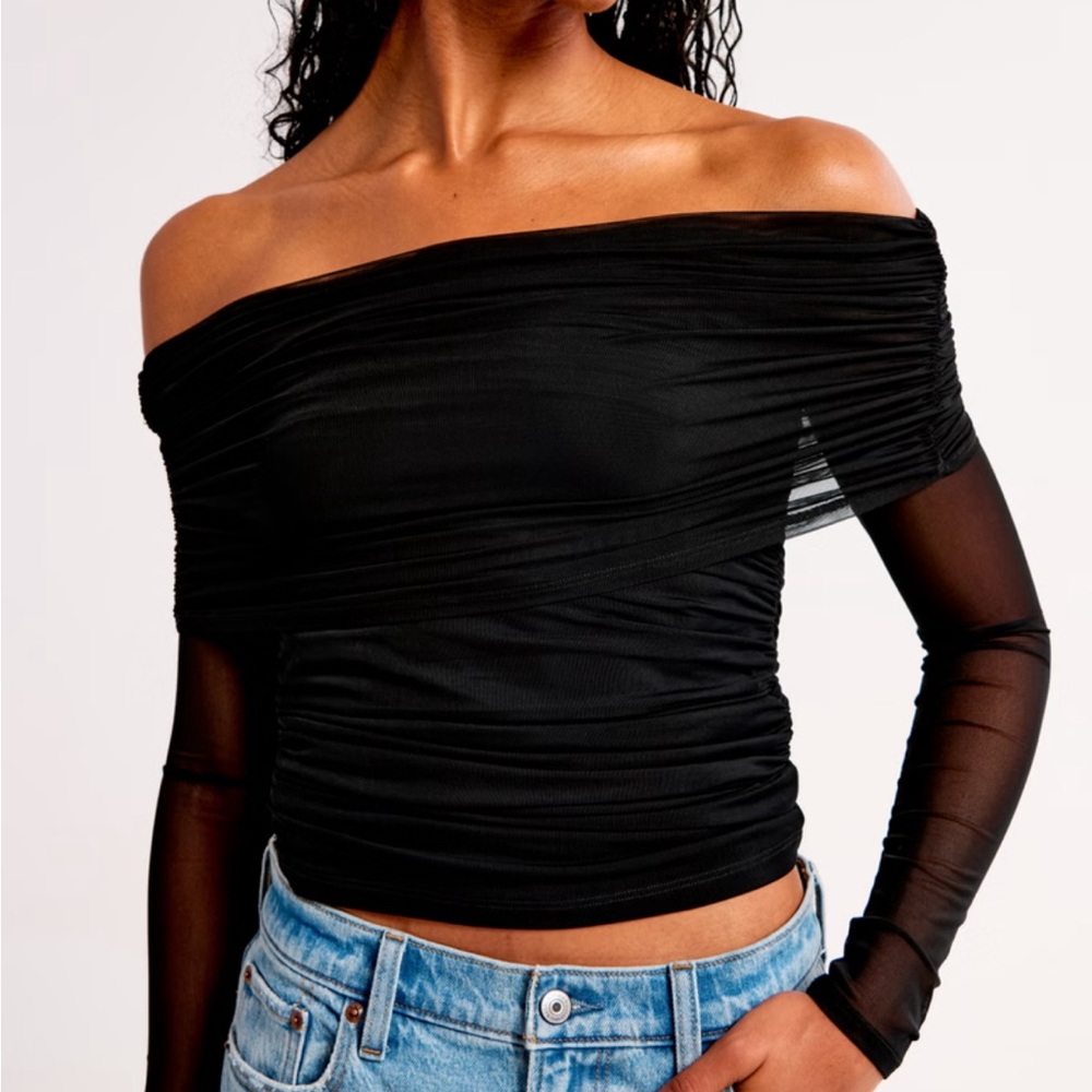 Abercrombie & Fitch Long-Sleeve Off-The-Shoulder Mesh Top